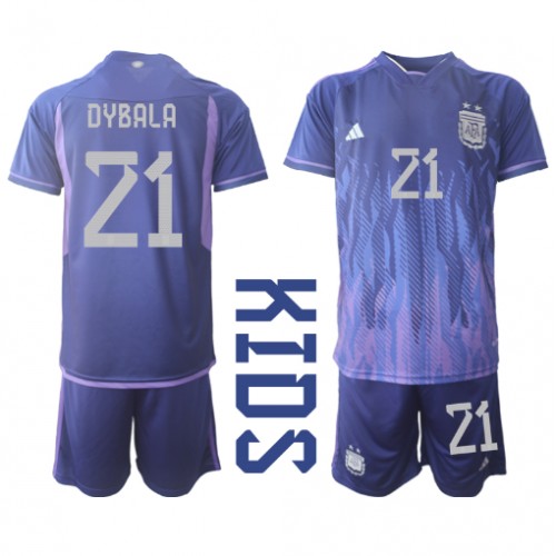 Argentina Paulo Dybala #21 Bortedraktsett Barn VM 2022 Kortermet (+ Korte bukser) Argentina Paulo Dybala #21 Bortedraktsett Barn VM 2022 Kortermet (+ Korte bukser)